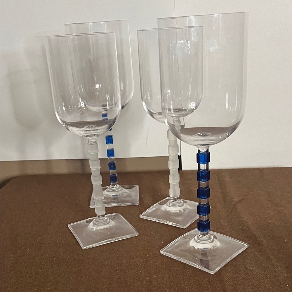 😄Vintage MIKASA CRYSTAL VIEWPOINT SATIN and navy wine glasses squares